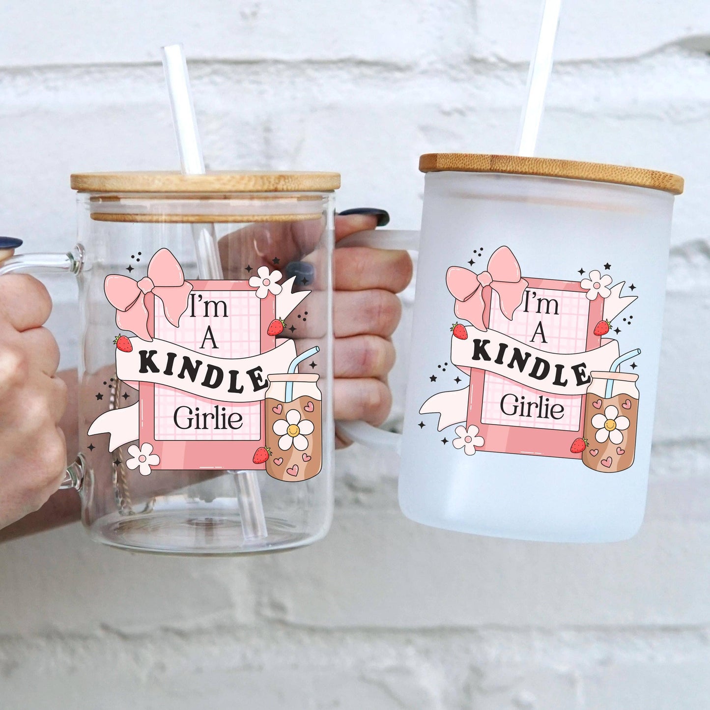 Kindle Girl 17oz Glass Mug With Lid and Straw