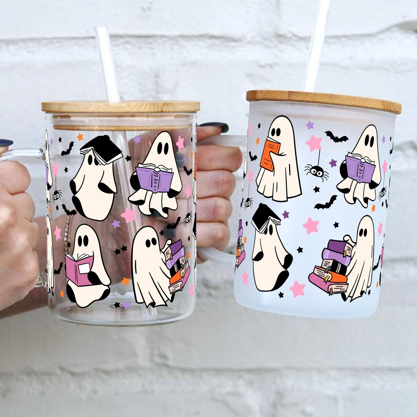 Ghosts and Books 17oz Glass Mug With Lid and Straw