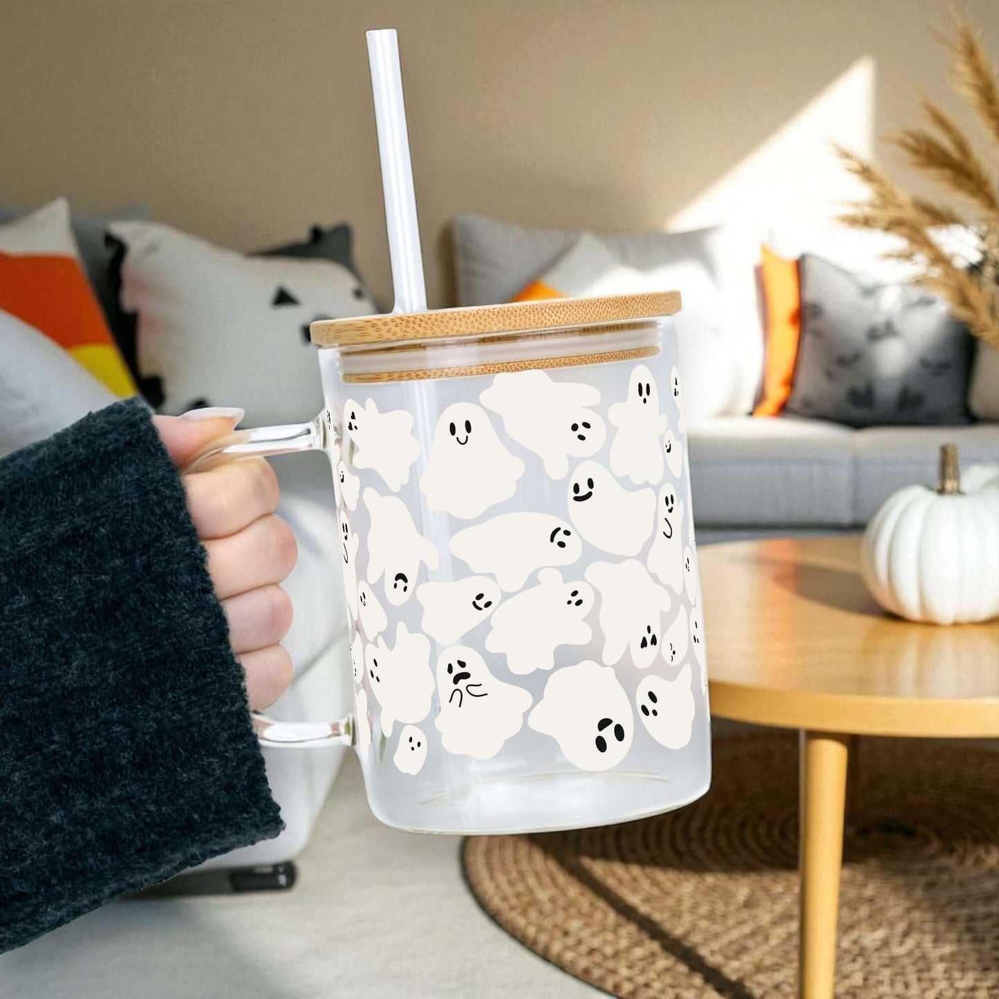 Classic Ghosties 17oz Glass Mug With Lid and Straw