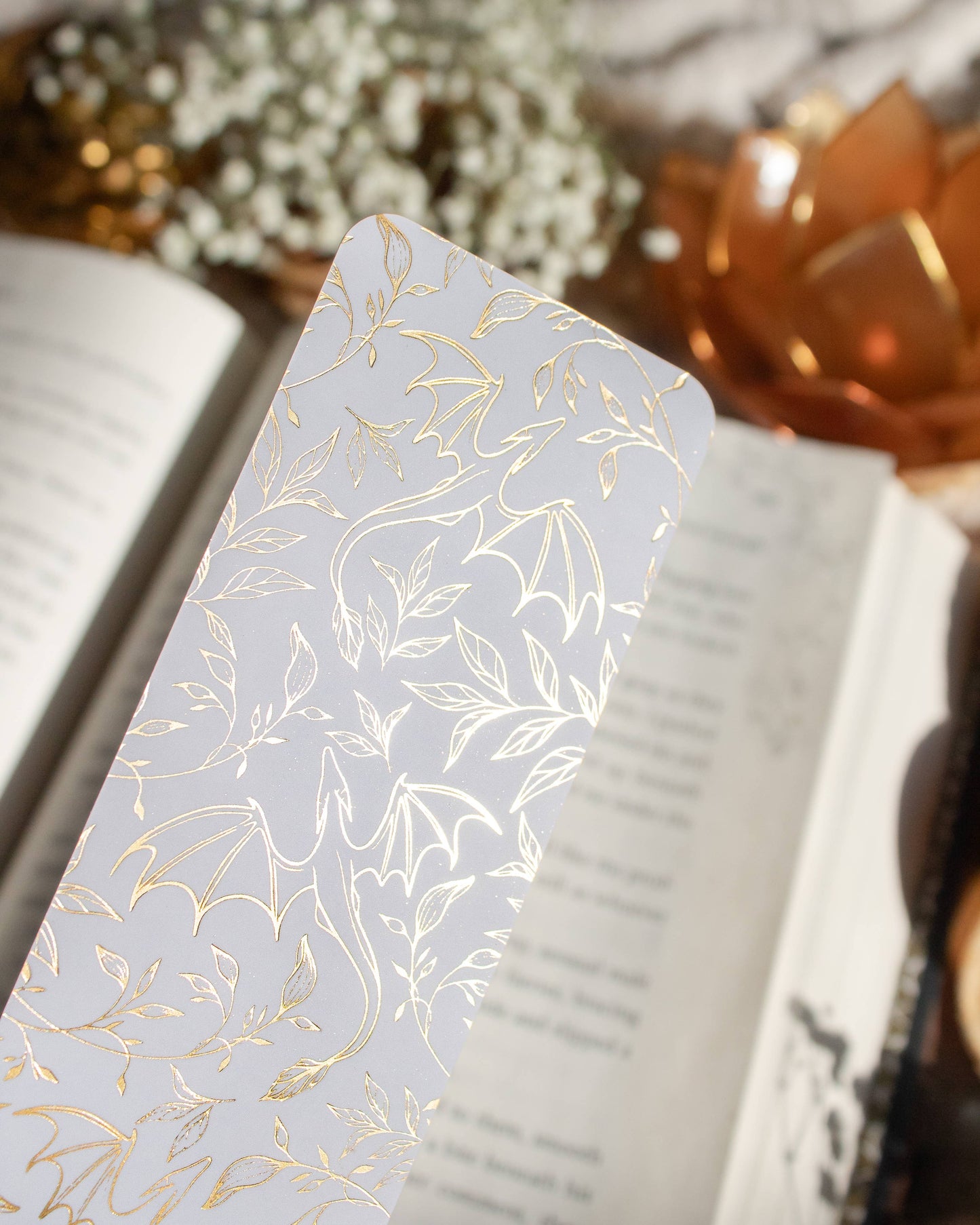 Gold Foil and White Floral Dragons Bookmark | Soft Touch