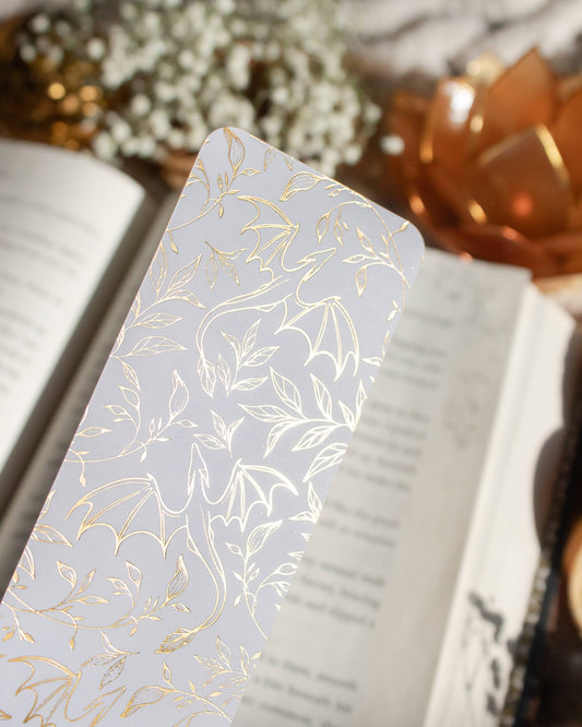 Gold Foil and White Floral Dragons Bookmark | Soft Touch