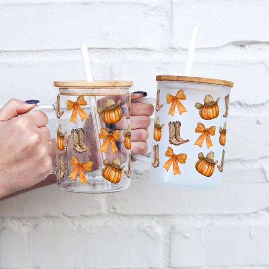 Western Pumpkins 17oz Glass Mug With Lid and Straw