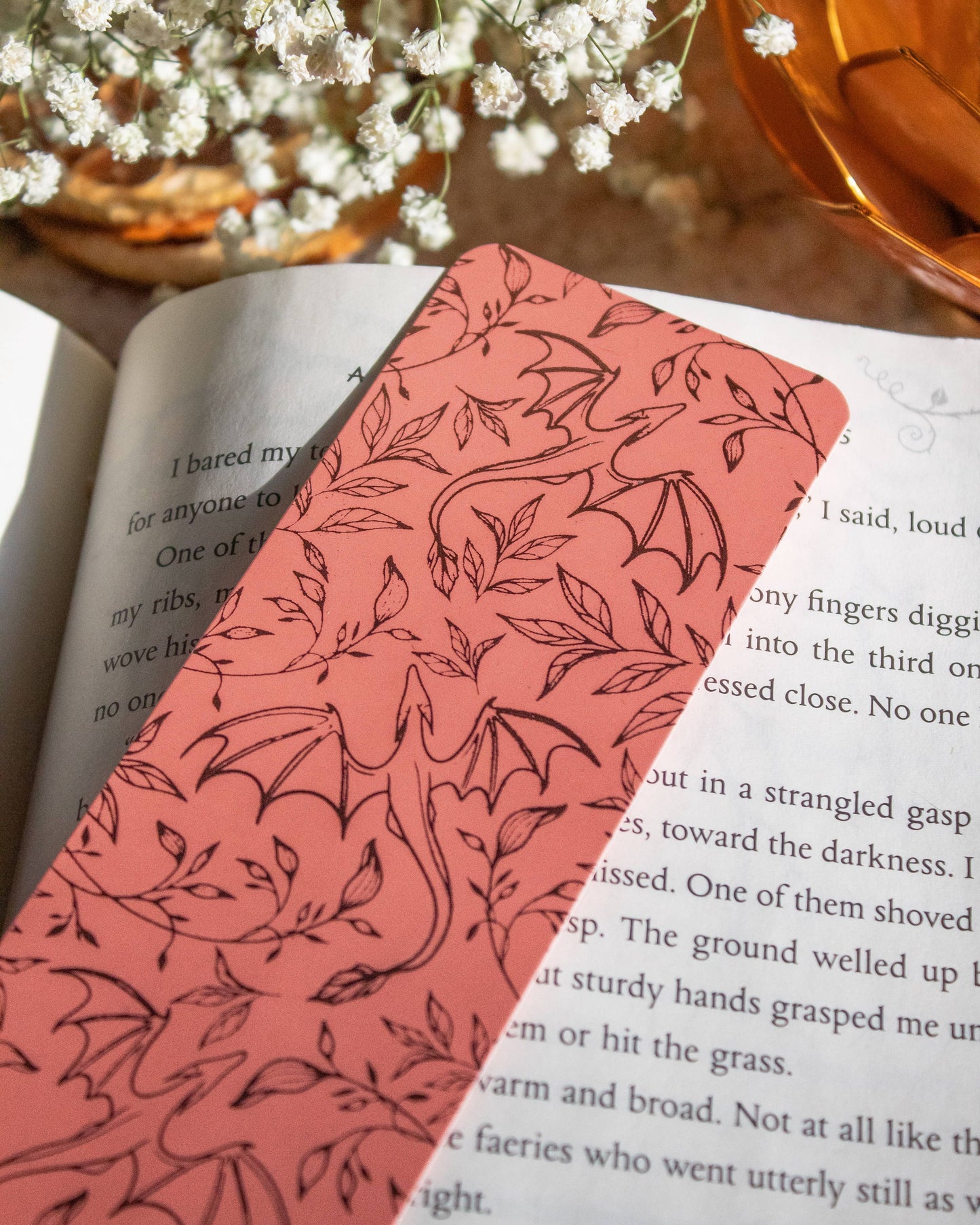 Rose Gold Foil & Coral Floral Dragons Bookmark | Soft Touch