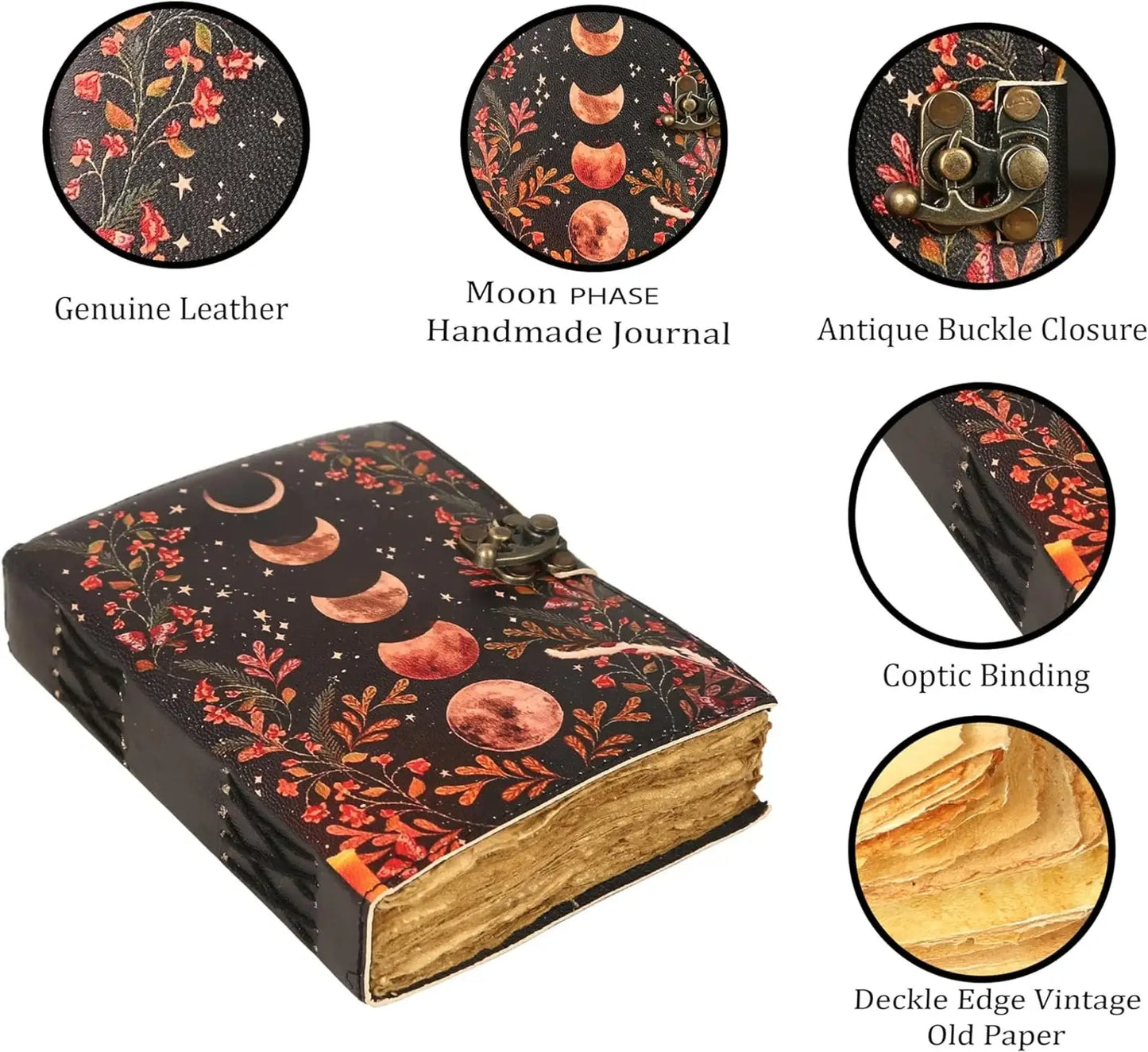 Leather Journal Blank Vintage Notebook with Moon Print  