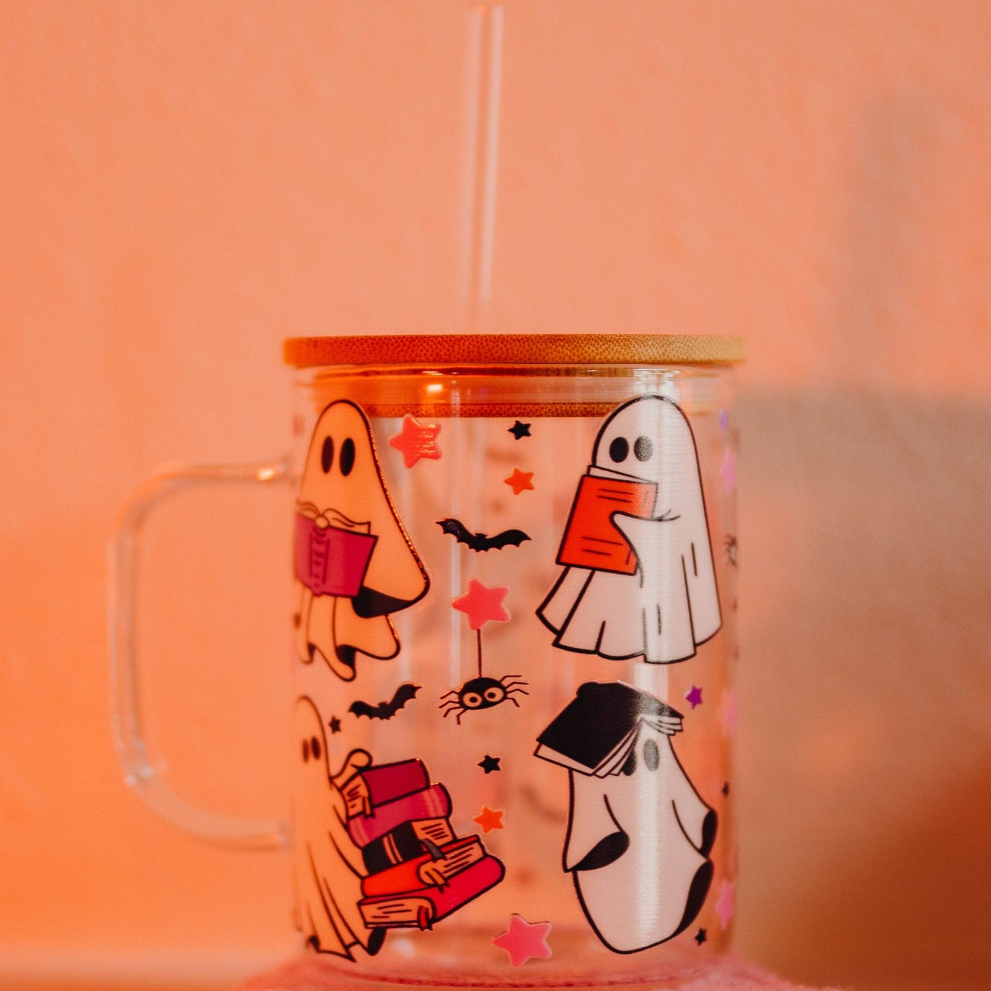 Ghosts and Books 17oz Glass Mug With Lid and Straw