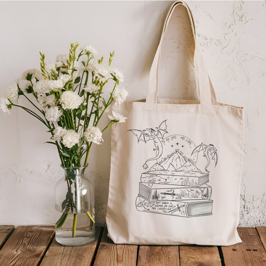Romantasy Books and Dragons Sublimated Canvas Tote Bag