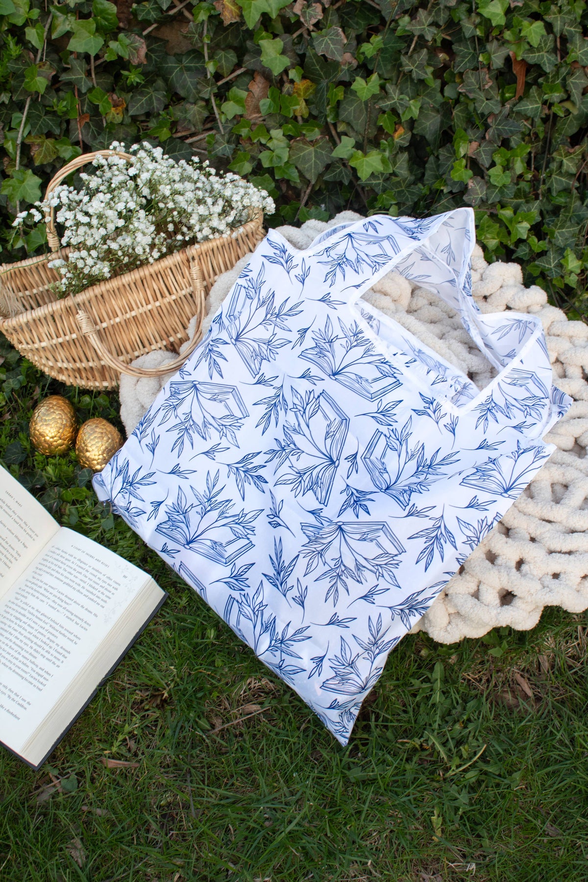 Porcelain Books | Reusable Bookish Foldable Grocery Tote Bag