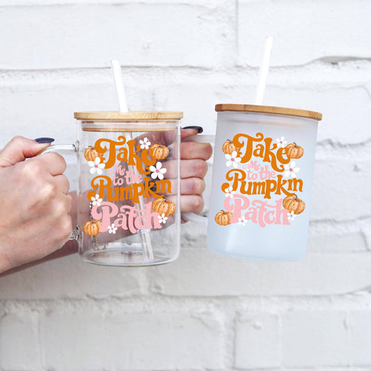 Take Me To The Pumpkin Patch 17oz Glass Mug With Lid and Straw