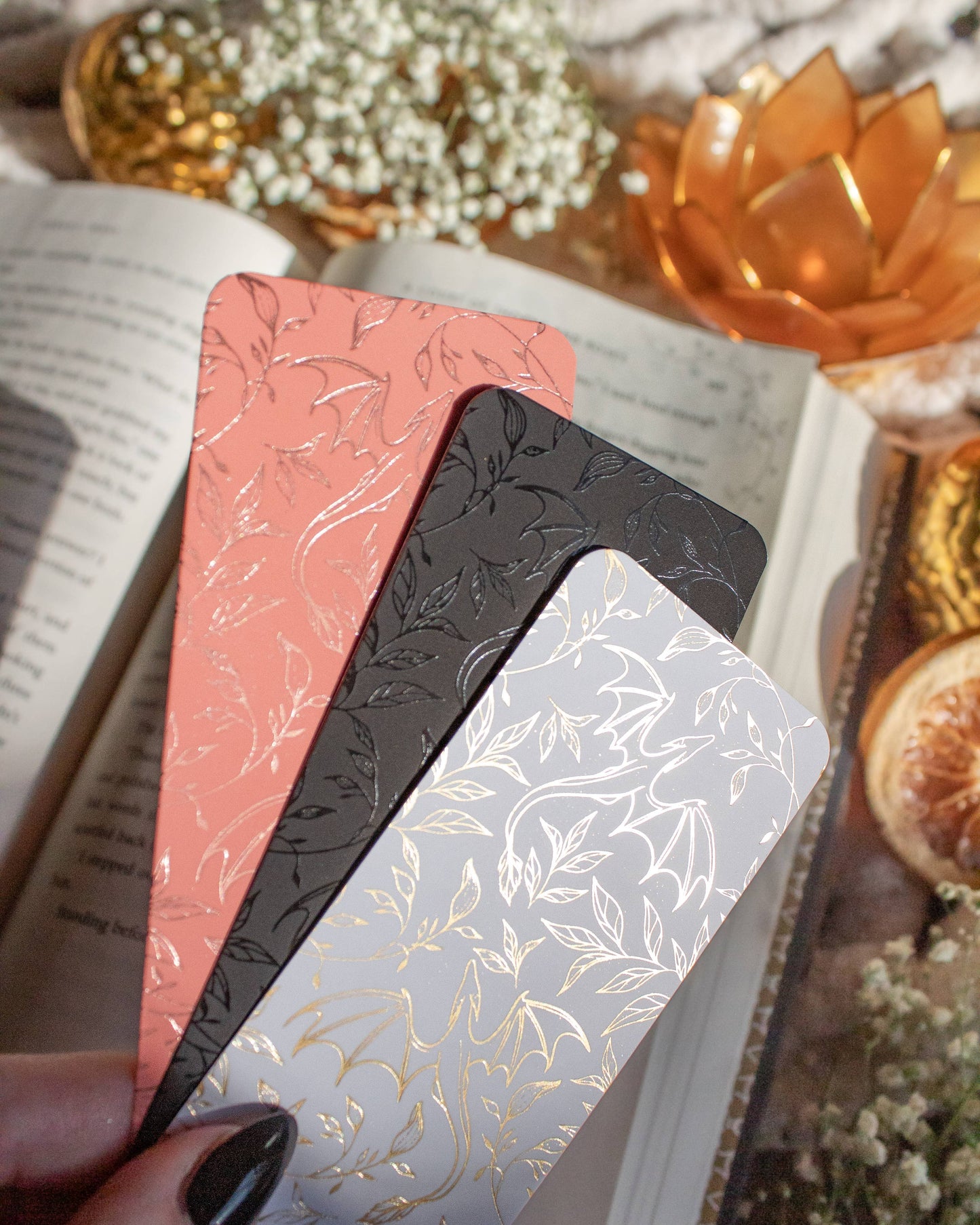 Rose Gold Foil & Coral Floral Dragons Bookmark | Soft Touch