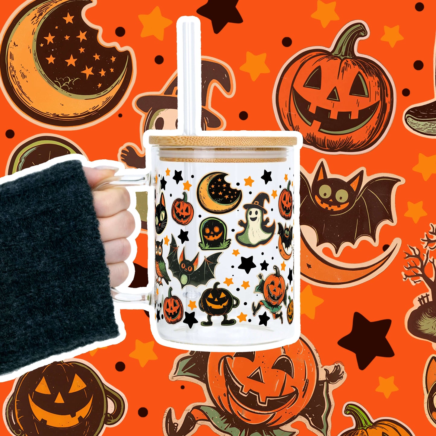 Retrocore Halloween 17oz Glass Mug With Lid and Straw