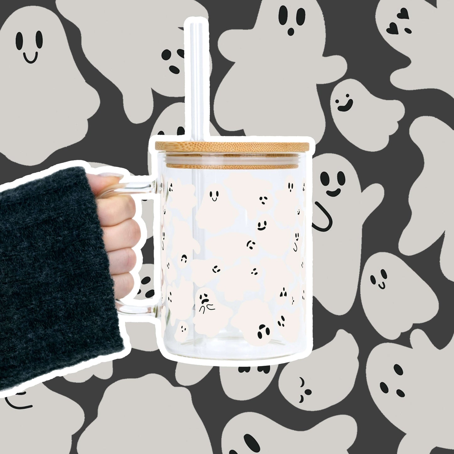 Classic Ghosties 17oz Glass Mug With Lid and Straw