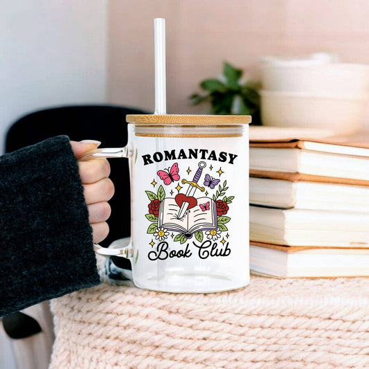 Romantasy 17oz Glass Mug With Lid and Straw