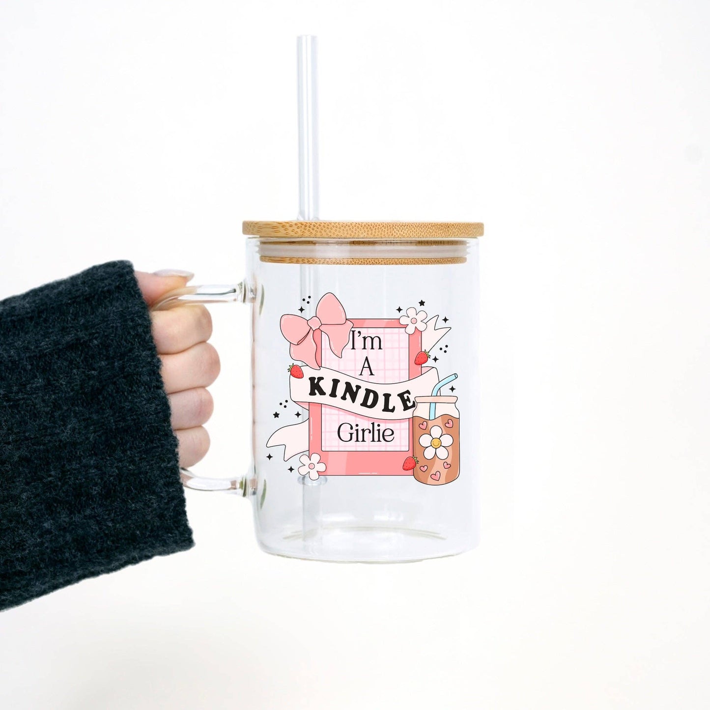 Kindle Girl 17oz Glass Mug  With Lid and Straw