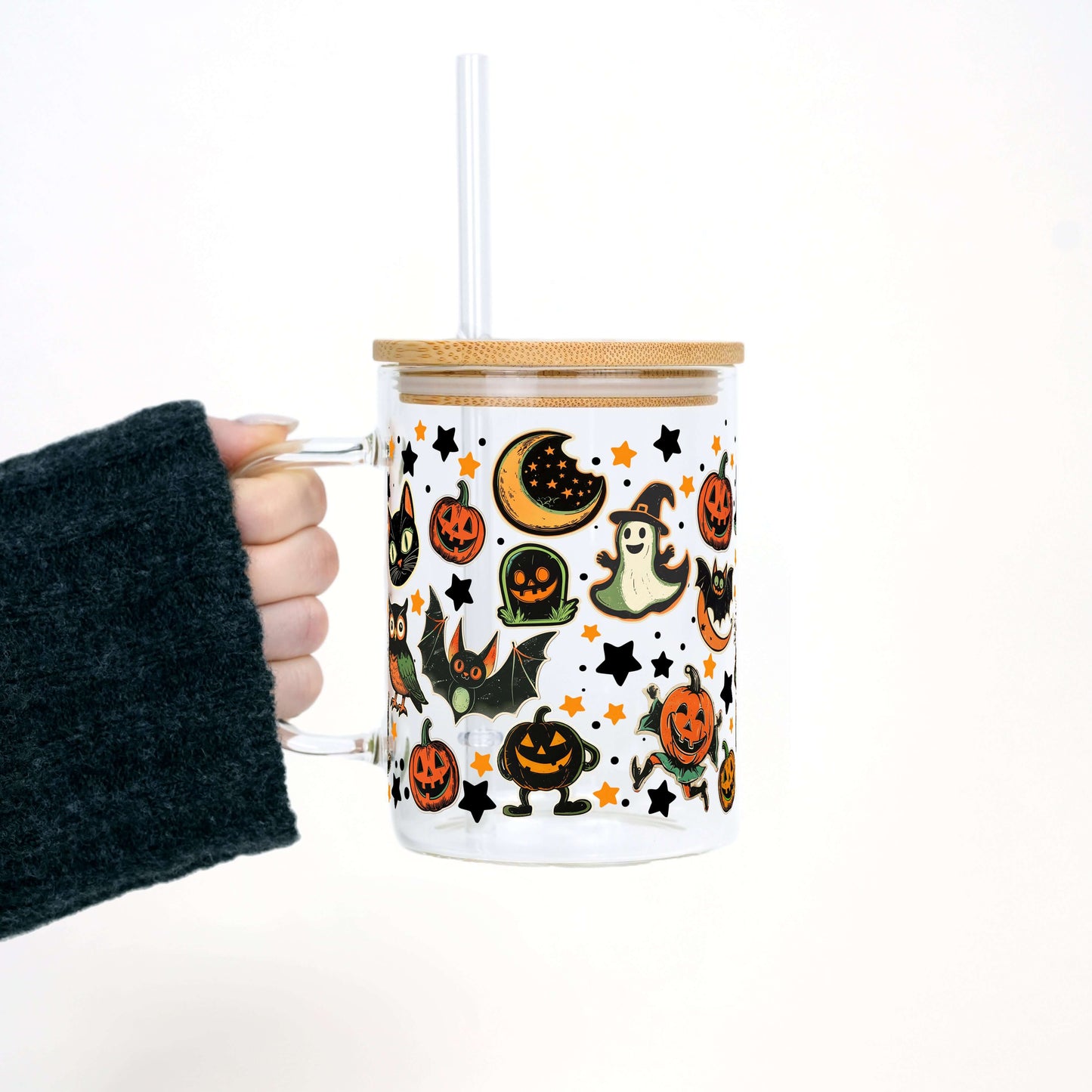 Retrocore Halloween 17oz Glass Mug With Lid and Straw