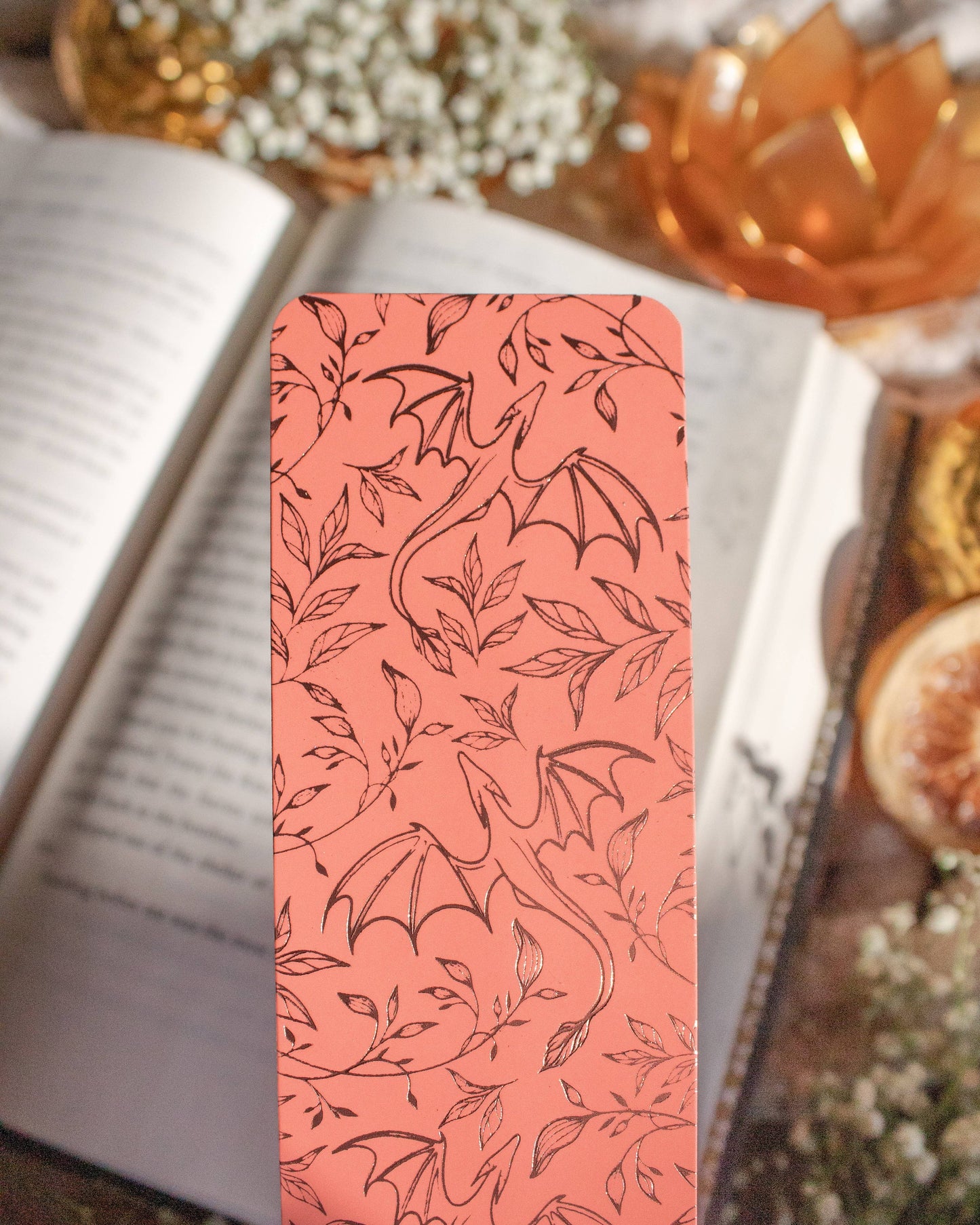 Rose Gold Foil & Coral Floral Dragons Bookmark | Soft Touch