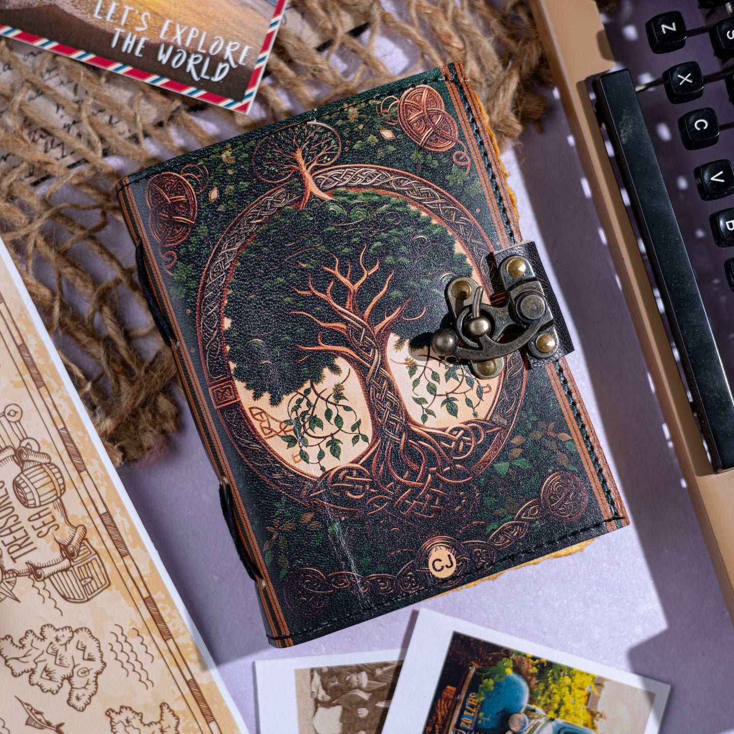 Leather Journal Notebook with Vintage Paper Tree Print