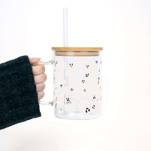 Classic Ghosties 17oz Glass Mug With Lid and Straw