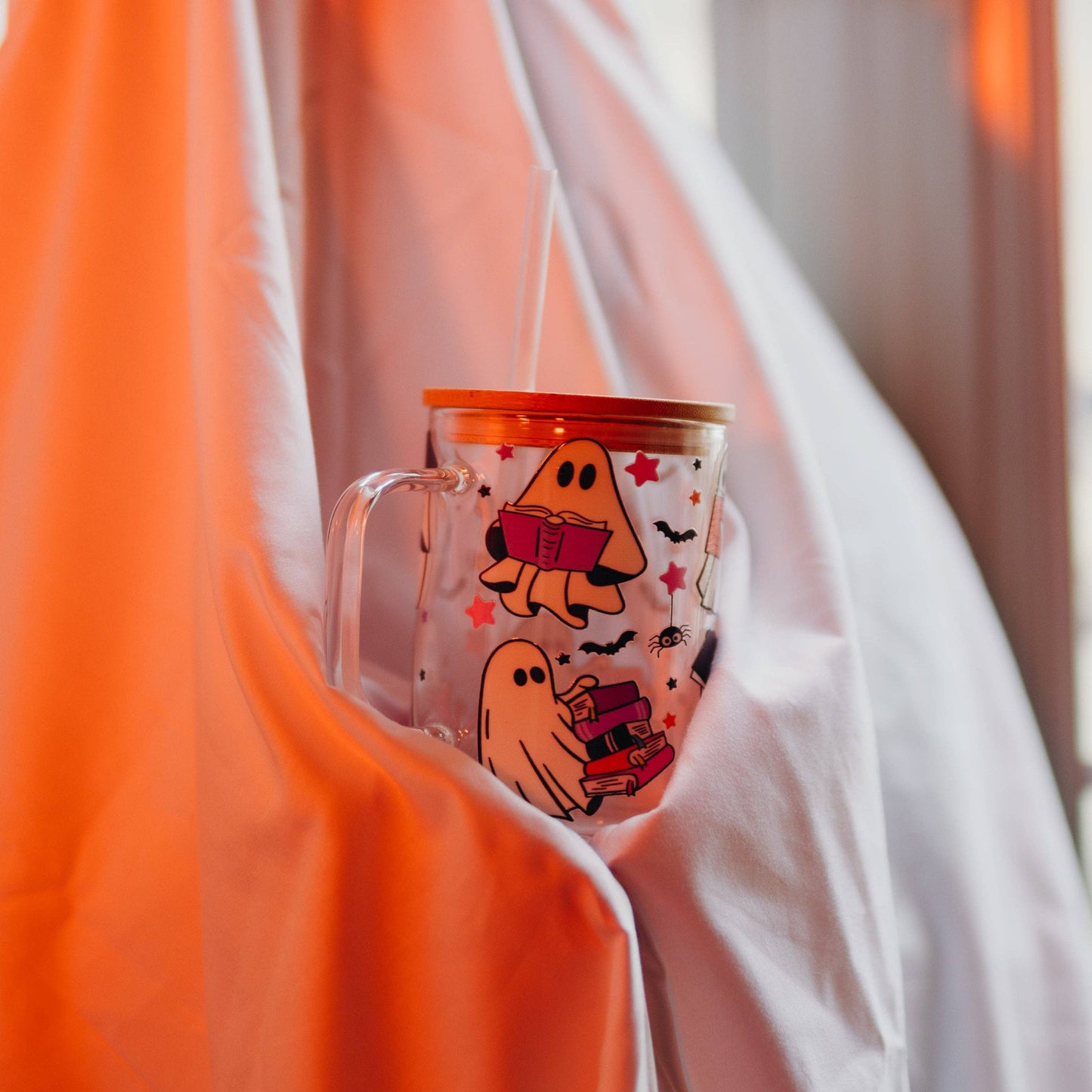 Ghosts and Books 17oz Glass Mug With Lid and Straw