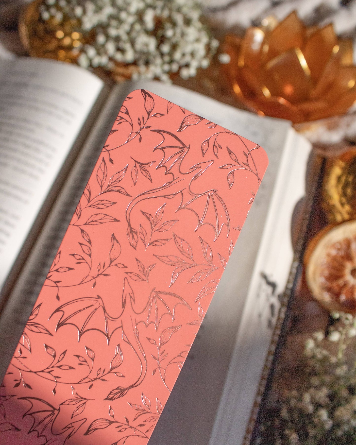 Rose Gold Foil & Coral Floral Dragons Bookmark | Soft Touch